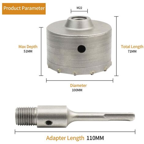 Scie à Cloche Trépan Béton avec Adaptateur SDS Plus 110 mm, Pour Brique Béton Ciment Pierre (100mm+110mm SDS Plus Adaptateur)