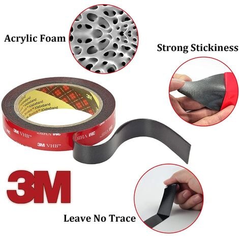 3M VHB Ruban Adhésif Double Face Extra Fort, Noir, Étanche, Résistance à haute température, pour intérieur & extérieur, 3m x 1.5cm