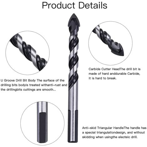 QWORK Lot De 5 Forets Multi-matériaux (6, 6, 8, 10, 12 Mm) Pour Carrelage, Béton, Brique, Verre, Plastique Et Bois En Carbure De Tungstène, Idéal Pour Miroir Mural Et Carrelage En Céramique