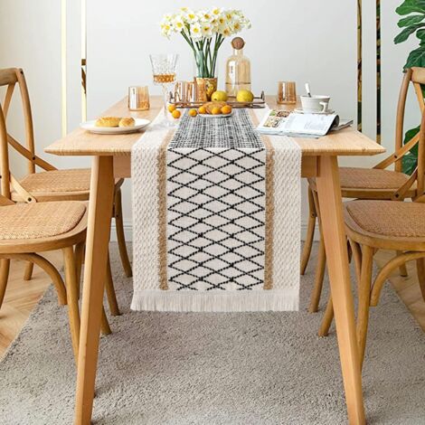 Chemin de table en macramé - Style bohème - Avec pompons - En coton et toile de jute tissé à la main - Style rustique - Pour la cuisine et la salle à manger（30180cm）