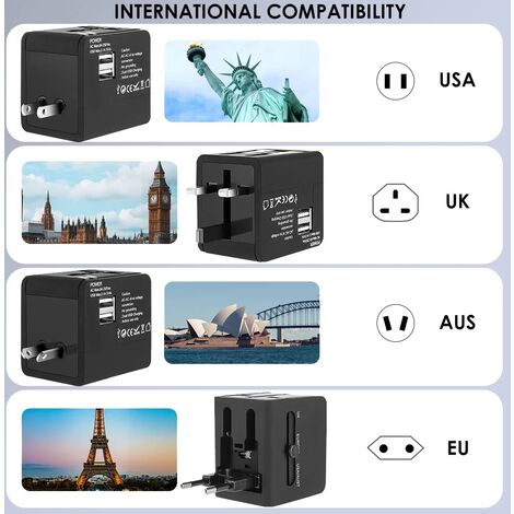 Adaptateur Prise Universelle,Adaptateur Universel de Voyage,Adaptateur Prise France vers USA UK Canada Australie Japon Adaptateur de Voyage avec 2 USB,Adaptateur Voyage adapté aux 150+ Pays