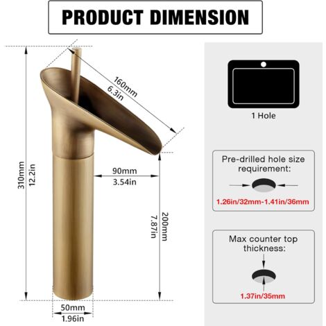 Bec Cascade écoulement Doux Robinet Lavabo Cascade Noir Vintage - Mitigeur Monocommande Laiton Pour Salle De Bain Robinet Vintage Noir Installation Facile