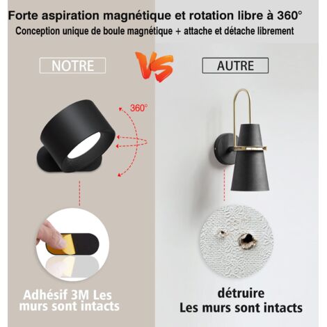 Lot 2 Appliques Murales Sans Fil Rechargeables - Lampe Murale Bois LED Tactile, Rotation 360°, Idéal Chambre