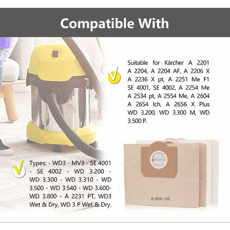 15 Pack Sacs d'aspirateur pour Karcher 6.959-130.0 Wd3 Wd3 Wd3p Mv3  Aspirateur humide et sec Sacs filtrants en papier de remplacement, Sac pour Karcher  Wd3 Premium A