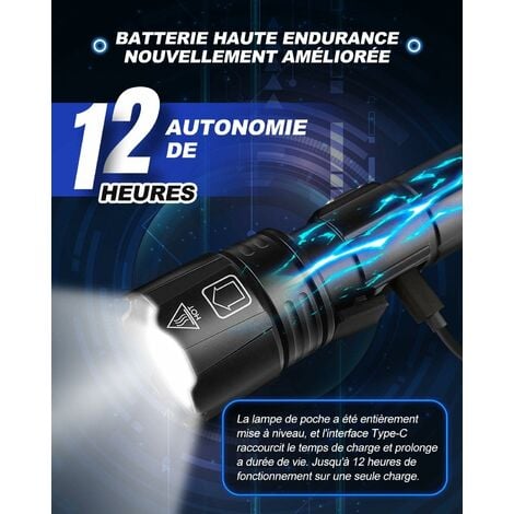 Lampe torche - Puissante - Etanche IP67 - Jusqu'à 7000 lm