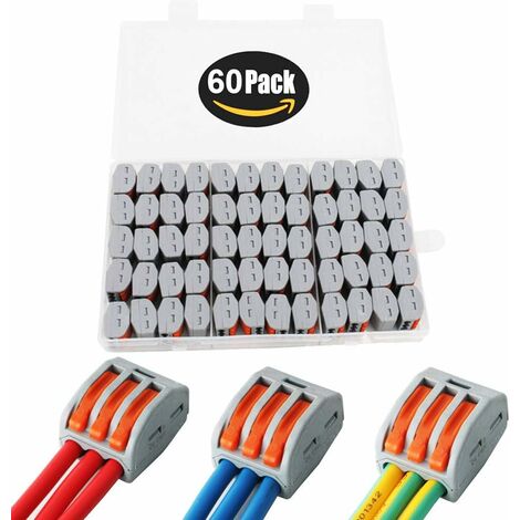 Lot de 60 connecteurs électriques, bornes de connexion de fil parallèle enfichables, connecteurs de fil compacts, PCT-213 (3 ports)