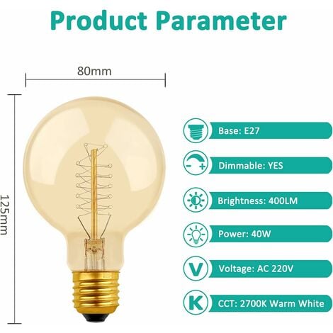 Ampoule Vintage G80 E27 Dimmable 40W Blanc Chaud 2700K, AC 220V, Ampoules de Décoration à Incandescence Rétro E27 Spirale Tungstène Filament Lampe, lot de 2