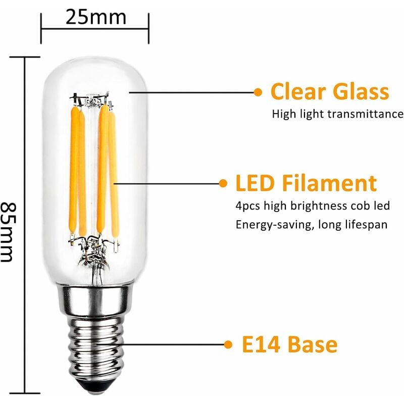 SVKBJROY 2 Pezzi Lampadina per Cappa da Cucina 40W a Incandescenza di  Ricambio, E14 T25 LED 4W Lampadina per Cappa da Cucina, Lampadina a  Filamento Edison, Bianco, 6000K, Lampada per Cappa da