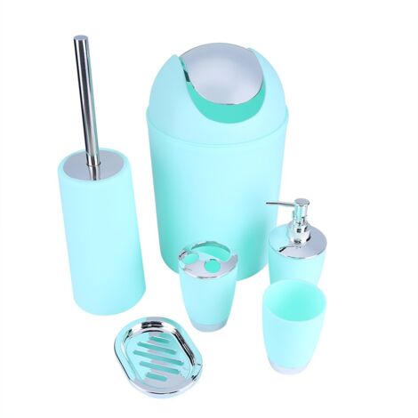 TONYSA Lot d‘accessoires Salle de Bains et WC 6 Pièces Accessoires de Bain en Résine Distributeur de Savon, Porte Savon, Gobelet, Poubelle, Brosse WC, Porte Brosse à Dents (Turquoise) (1/5)
