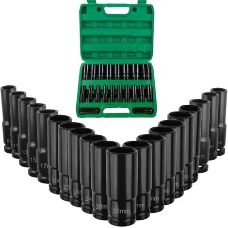 Tonysa – Kit de 20 douilles pour clé à choc 1/2 – Acier chrome vanadium – Tailles 8-32mm – Revêtement anti-corrosion – Pour outils d'impact