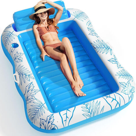 Flotteur Piscine Gonflable XL Pour Bronzage - 215x144 Cm, 2 Places, PVC épais, Appui-tête Amovible, Porte-gobelets