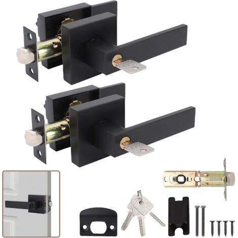 Poignée de porte en alliage de cuivre noir mat avec serrure et clé, adaptée aux portes de hall et de placard, épaisseur de la porte : 35-53 mm, peut être basculée à gauche et à droite, 2 pièces (1/5)