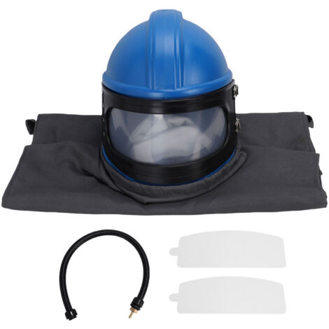 Ensemble de capuche de sablage, casque de sablage à alimentation d'air sûre avec lentilles et protection d'épaule bleu gris