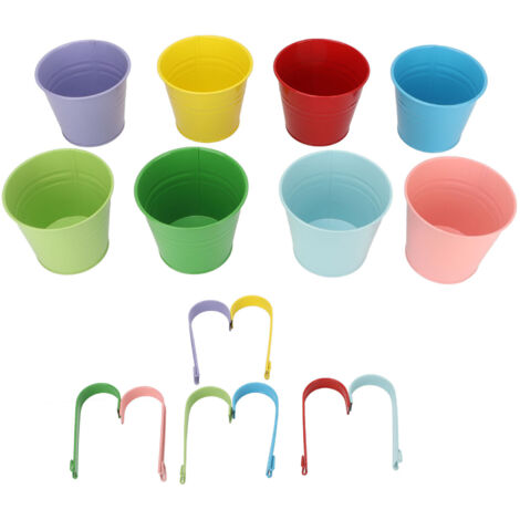 Jardinière à seau suspendue 8 pièces, Pots de fleurs décoratifs colorés en fer avec crochets détachables pour garde-corps, clôture et balcon (1/5)