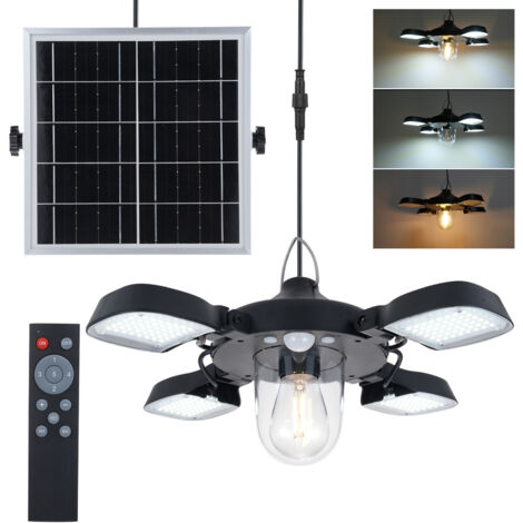 Lampe à suspension solaire à 192 LED avec détecteur de mouvement PIR, 4 panneaux suspendus avec ampoule, éclairage de garage, étanche, extérieur, patio, télécommande (1/5)