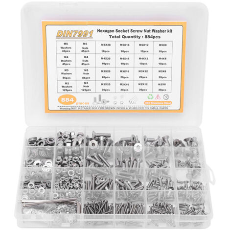 Assortiment de vis à tête fraisée à tête hexagonale M2 M3 M4 M5, ensemble d'assortiment de rondelles d'écrous en acier inoxydable 304 (1/5)
