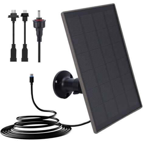 Panneau solaire 6000 mAh pour caméra de sécurité, batterie intégrée 3 W, ports micro USB 5 V, USB-C et DC 3,5 mm, compatible avec les caméras autoportantes et les caméras d'extérieur