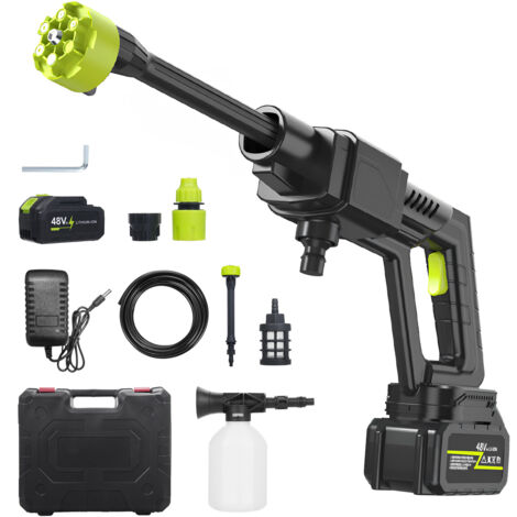 30Bar 300W Nettoyeur Haute Pression sans Fil Portable, Buse 6 en 1 Nettoyeur Haute Pression, Batterie 1500mAh, Tuyau 5m, pour Auto, Jardin, Bateau, Allée, Extérieur (2 Batteries 1 Chargeur)