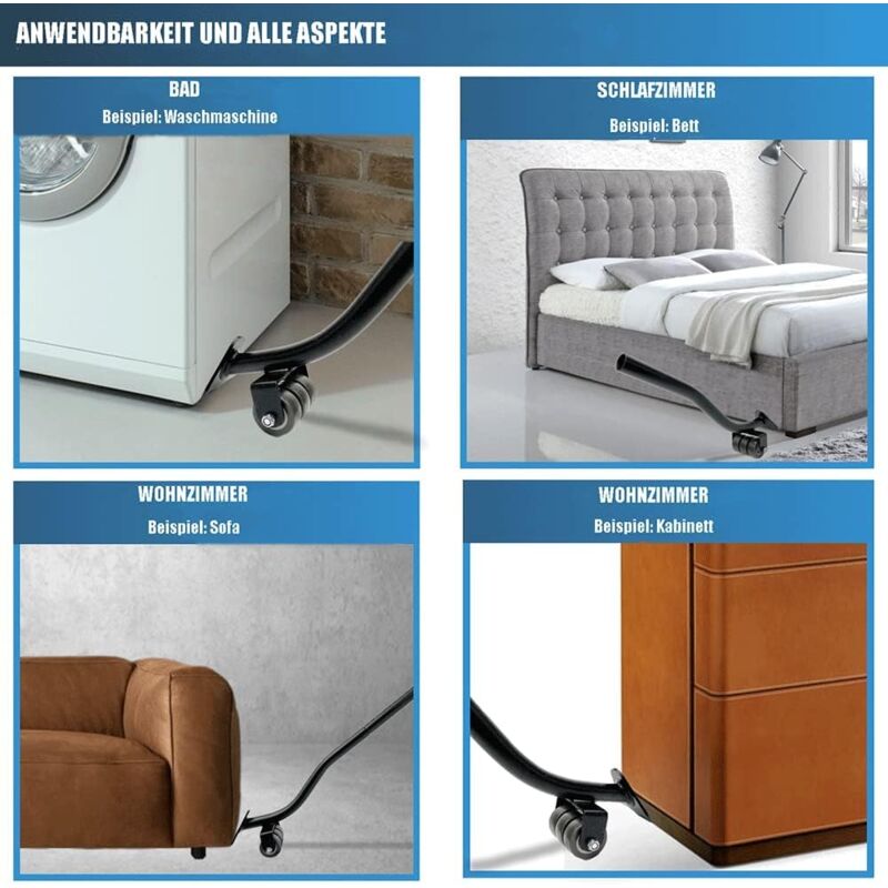 Déménageur Meuble Lourd 800 Kg - 4 Roues 360°, Châssis Acier, Levier Inclus, Taille 105x100 Mm