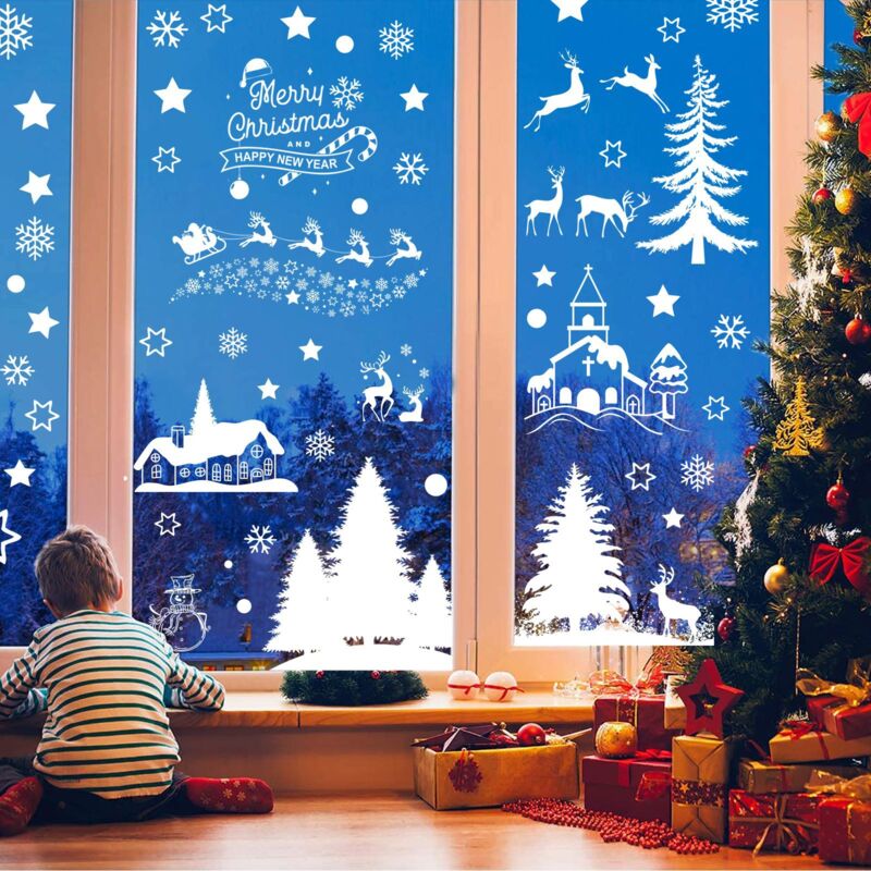 110 Pièces Autocollants Fenêtre Noël Réutilisables - Stickers Électrostatiques PVC Sans Colle - Décorations Vitres Noël Motifs Variés (Père Noël, Renne, Flocons…)
