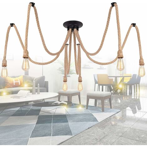 IkodmSuspension Luminaire Induistrielle Lampe 6 têtes Réglable Lampe Lustre, E27 Suspension Câble Textile Support de Lampe Douille Pour Salle À Manger Restaurant Bar Café