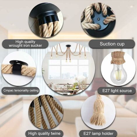 IkodmSuspension Luminaire Induistrielle Lampe 6 têtes Réglable Lampe Lustre, E27 Suspension Câble Textile Support de Lampe Douille Pour Salle À Manger Restaurant Bar Café