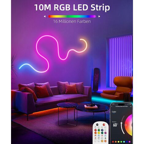 IkodmRuban Led 10m, RGB Multicolore App Contrôle Neon Bande Led, 24V Flexible Étanche Découpable Synchronisation Musicale Bandeau Lumineuse Led pour Intérieur Déco [Classe énergétique D]