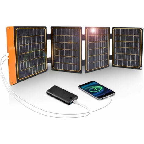 Panneau Solaire Pliable, 40W Chargeur Solaire Portable IP67 2 Ports USB(A/C) QC 3.0 pour Smartphone Powerbank Caméra Voyage Survie