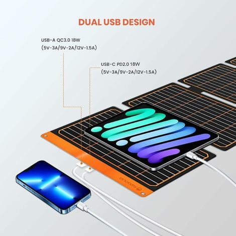 Panneau Solaire Pliable, 40W Chargeur Solaire Portable IP67 2 Ports USB(A/C) QC 3.0 pour Smartphone Powerbank Caméra Voyage Survie