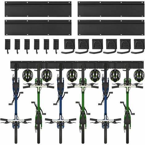 Ikodm – Support mural pour vélo 6 vélos et 6 casques – Rails de 64 pouces – Crochets 75x160mm – Installation rapide pour garage ou maison (1/5)
