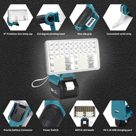 Ikodm Lampe de travail LED  Lampe de travail extérieure portable avec port de recharge USB,8 pouces 3300lm lampe de poche,compatible avec MaKita 14.4V-20V la batterie au lithium BL1860B BL1850B BL1840
