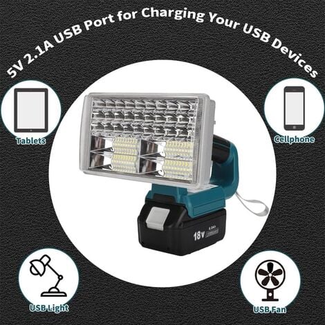 Ikodm Lampe de travail LED  Lampe de travail extérieure portable avec port de recharge USB,8 pouces 3300lm lampe de poche,compatible avec MaKita 14.4V-20V la batterie au lithium BL1860B BL1850B BL1840
