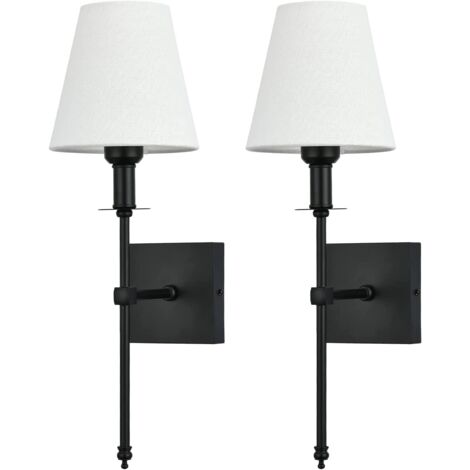 Lot de 2 Appliques Murales Intérieur Noir, Lampe Murale avec Abat-jour en Tissu Blanc, Luminaire Applique Métal pour salle de bain Chambre Salon Couloir, Douille d'Ampoule E27 [Classe énergétique A]