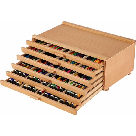 Boîte de Rangement en Bois À 6 Tiroirs Pour Fournitures d'Artiste Avec Séparateurs Amovibles, Boîte de Rangement en Bois de Hêtre de Première Qualité, Rangement Pour Fournitures d'Art