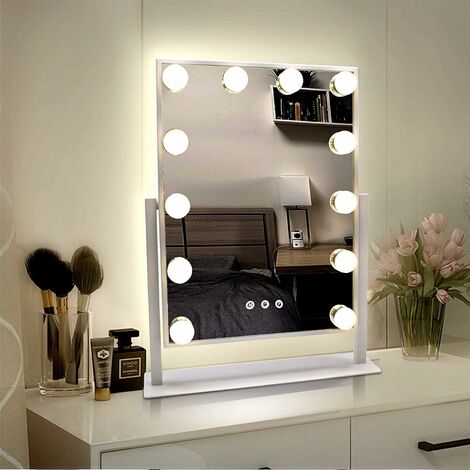 Miroir de Maquillage Hollywood avec lumières, Grand Miroir de courtoisie éclairé avec 3 Couleurs de lumière et 12 Ampoules LED à intensité Variable, écran Tactile Rotation à 360 degrés (1/5)