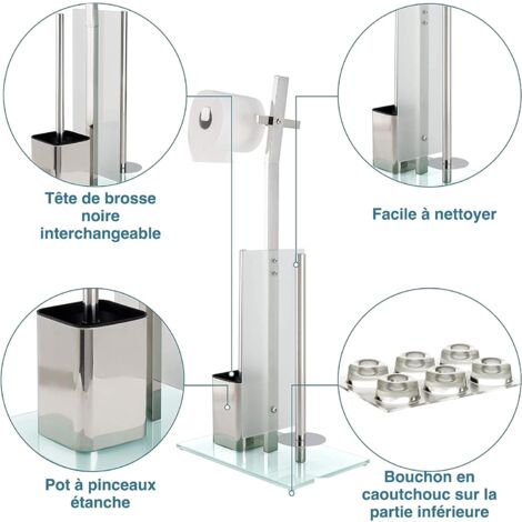 Set WC Toilettes avec Porte-Rouleau Et Brosse - Chrome Brillant - Porte-Papier Toilette en Acier Inoxydable Chromé - Base en Verre –32X20X70Cm -Plus: 1+2 Têtes De Brosse De Toilette De Rechange