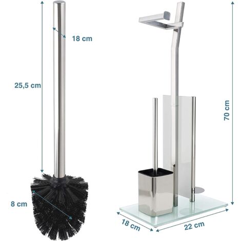 Set WC Toilettes avec Porte-Rouleau Et Brosse - Chrome Brillant - Porte-Papier Toilette en Acier Inoxydable Chromé - Base en Verre –32X20X70Cm -Plus: 1+2 Têtes De Brosse De Toilette De Rechange