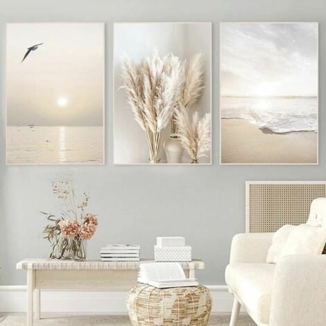 Lot de 3 affiches murales élégantes pour le salon - Images décoratives pour chambre à coucher - Coucher de soleil - Plage - Sans cadre (30 x 40 cm)