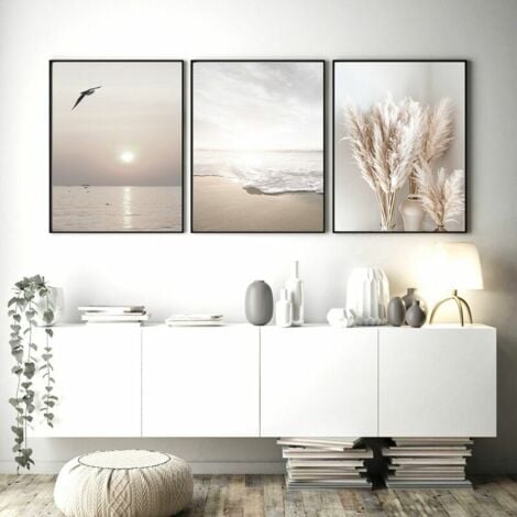 Lot de 3 affiches murales élégantes pour le salon - Images décoratives pour chambre à coucher - Coucher de soleil - Plage - Sans cadre (30 x 40 cm)