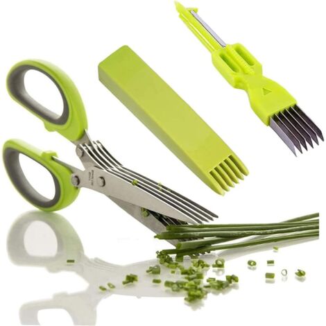 Ciseaux à Herbes,Ciseaux de 5 Lames Ciseaux Fines Herbes pour Fines Herbes Aromatiques Equipé de Peigne Nettoyage Vert-gris (1/5)