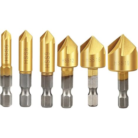 Fraises a Bois 6pcs, Fraise Conique 90Ḟ HSS, Fraise à Chanfreiner Carbure, 6mm, 8mm, 9mm, 12mm, 16mm, 19mm