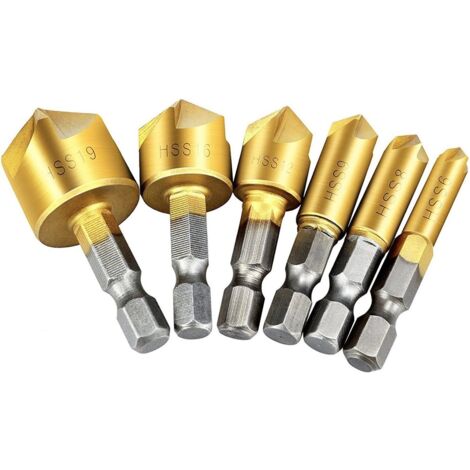 Fraises a Bois 6pcs, Fraise Conique 90Ḟ HSS, Fraise à Chanfreiner Carbure, 6mm, 8mm, 9mm, 12mm, 16mm, 19mm