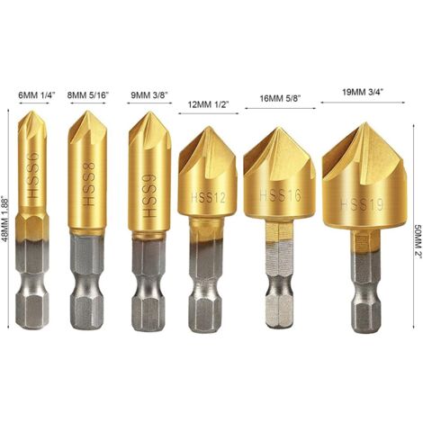 Fraises a Bois 6pcs, Fraise Conique 90Ḟ HSS, Fraise à Chanfreiner Carbure, 6mm, 8mm, 9mm, 12mm, 16mm, 19mm