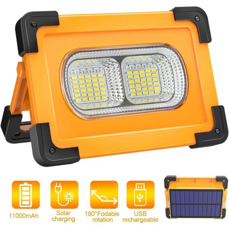 Projecteur LED Rechargeable Lampe Chantier 80W 4000 Lumens Projecteur Portable avec Pannea Solaire 4 Modes Super Brillant Lampe de Travail avec Batterie 11000mAh pour Camping, Bricolage (1/6)