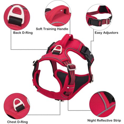 Harnais Chien Anti Traction, Harnais pour Chien Grand Moyen Réfléchissant Réglable Gilet Chien avec Poignée Respirante Harnais Poitrine de Sport sans Traction Rouge S
