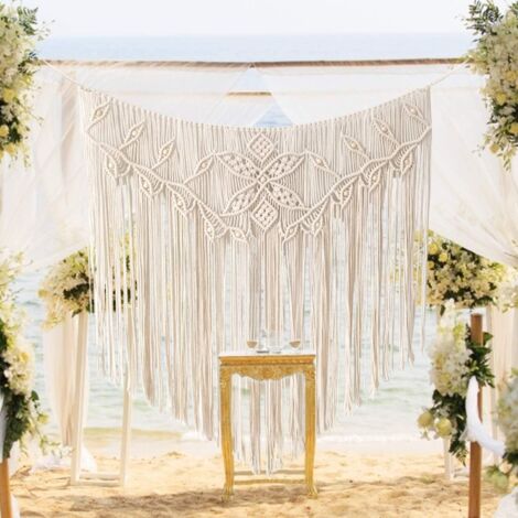 Litzee – Tenture murale en macramé boho 100 x 96 cm – Cordon de coton pur – Décoration murale à perles pour mariage et salon