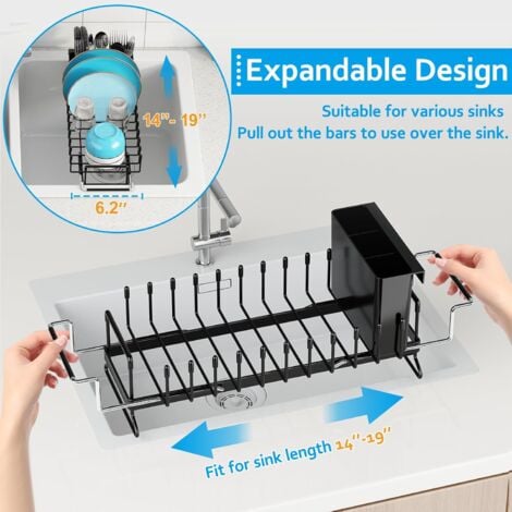 Panier égouttoir d'évier Égouttoir à vaisselle pour évier – Petit égouttoir à vaisselle extensible avec plateau de séchage en silicone, égouttoir à vaisselle pour comptoir de cuisine avec porte-couver