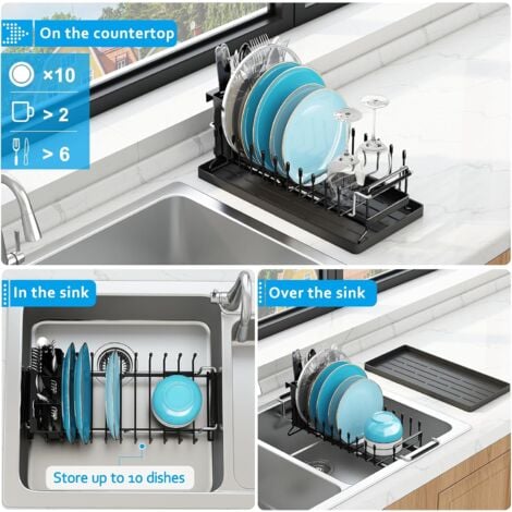 Panier égouttoir d'évier Égouttoir à vaisselle pour évier – Petit égouttoir à vaisselle extensible avec plateau de séchage en silicone, égouttoir à vaisselle pour comptoir de cuisine avec porte-couver