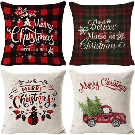 Lot de 4 taie d'oreiller de Noël, arbre de Noël flocon de neige renne décor à la maison taies d'oreiller en lin de vacances de noël ferme maison chambre coussin (C) (1/4)