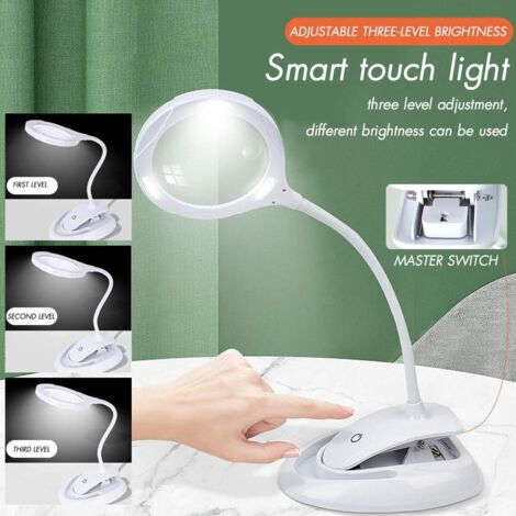 Loupe éclairante Loupe avec lumière, lampe loupe 5X 10X avec support et pince, lampe loupe de bureau rechargeable et luminosité réglable pour le travail de près, la lecture, les loisirs, l'artisanat, 